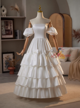 White Satin Strapless Puff Sleeve Wedding Dress