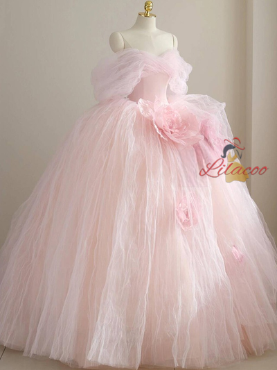 Pink Ball Gown Off the Shoulder 3D Flower Prom Dress
