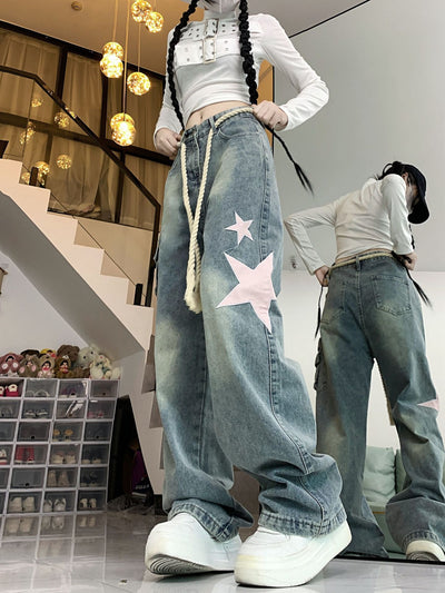 Retro Star Patch Loose Straight Jeans