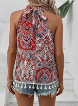 Sleeveless Tassel Print Halter Top