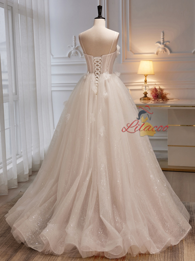 Ivory Tulle Sequins 3D Flower Wedding Dress