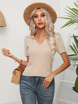 Twist Lapel Short Sleeve Sweater Short Top