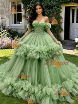 Green Tulle Straps Long Sleeve Quinceanera Dress
