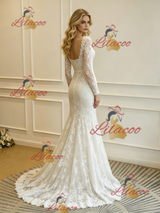 Beige White Lace Long Sleeve Wedding Dress