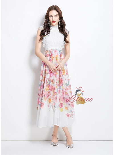 Retro Lace Stitching Printed Chiffon Dress