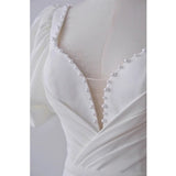 White Satin Square Puff Sleeve Pearls Wedding Dress