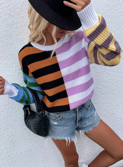 Striped Loose Round Neck Stitching Sweater