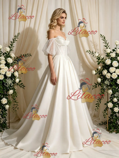 Ivory Satin Strapless Beading Wedding Dress