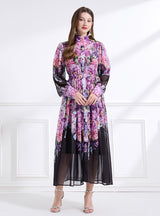 Vertical Collar Flower Print Dress