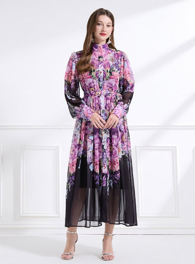 Vertical Collar Flower Print Dress