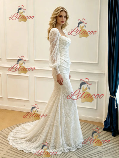 White Mermaid Long Sleeve Pleats Wedidng Dress
