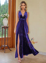 Deep V-neck High Slit Velvet Dress