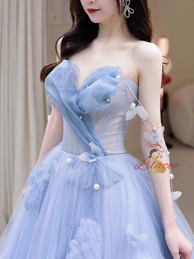 Blue Tulle Sequins Off the Shoulder Butterfly Prom Dress