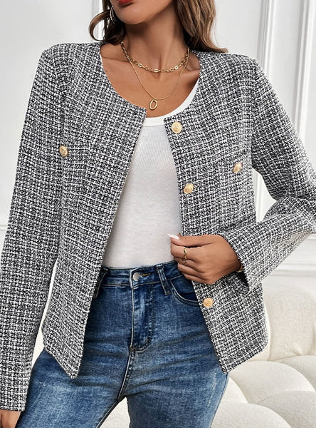 Loose Metal Button Check Coat