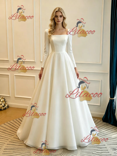 White Satin Square Neck Long Sleeve Wedding Dress