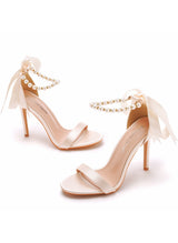 Ribbon Satin Beaded High-heeled Sandals