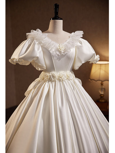 White Satin Puff Sleeve Flower Wedding Dress