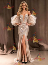 Champagne Tulle Sequins Strapless Prom Dress