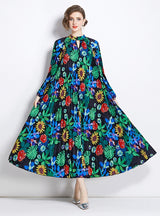 Printed Pleated Fringed Belt Dress