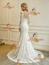 Beige White Lace Long Sleeve Wedding Dress
