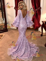Purple Mermaid Sequins Long Sleeve Prom Dress