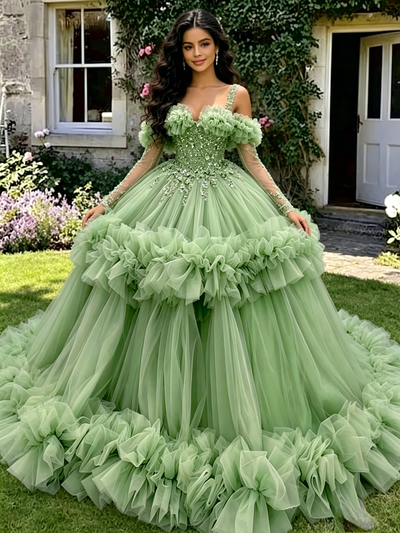 Green Tulle Straps Long Sleeve Quinceanera Dress