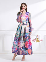 Palace Retro V-neck Lantern Sleeve Printed Dress