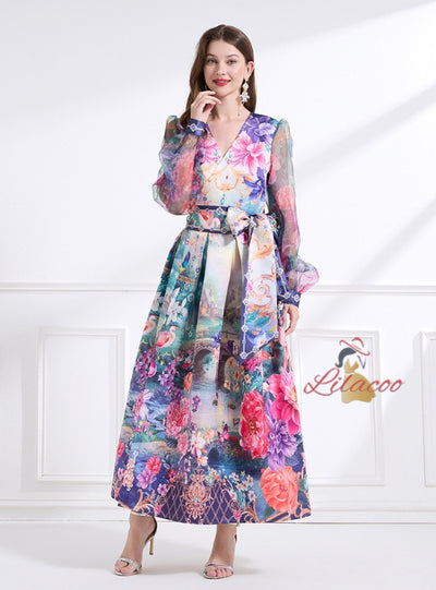 Palace Retro V-neck Lantern Sleeve Printed Dress
