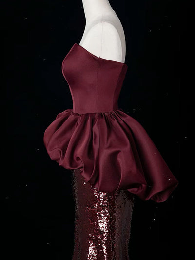Burgundy Mermaid Sequins Strapless Prom Dress