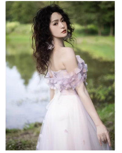 Purple Tulle 3D Flower See Through Prom Dress