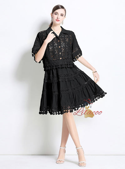 Retro Lapel Lace Shirt+Skirt Suit