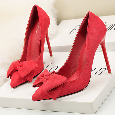 High Heel Pointed Suede Bow Shoes