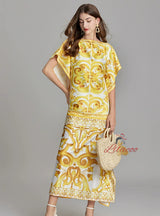 Yellow Print Plus Size Loose Dress