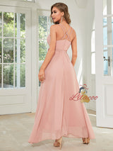 Pink Chiffon Spaghetti Straps Split Party Dress