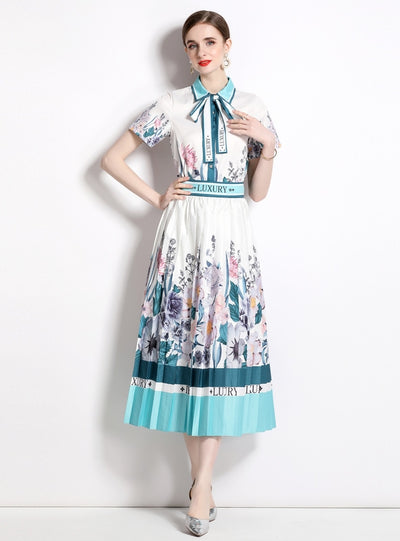 Printed Lapel Shirt+Pleated Skirt Two Piece Suit