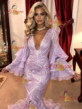 Purple Mermaid Sequins Long Sleeve Prom Dress