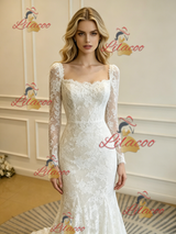 Beige White Lace Long Sleeve Wedding Dress