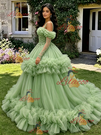 Green Tulle Straps Long Sleeve Quinceanera Dress
