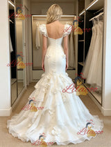 White Mermaid Tulle Straps 3D Flower Wedding Dress