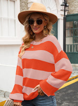 Stitching Striped Round Neck Loose Sweater