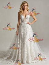 White Lace V-neck Wedding Dress