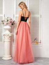 Pink Tulle Black Bow Straps Prom Dress