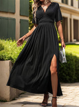V-neck Short Sleeve Long Dress