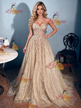 Champagne Sequins Straps Prom Dress
