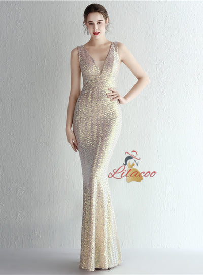 V-neck Mermaid Sequins Prom Dress