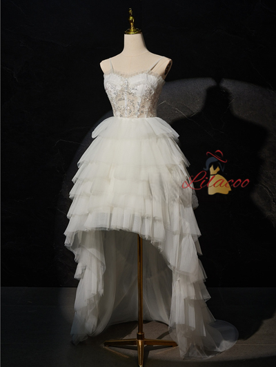 White Tulle Hi Lo Tiers Sequins Wedding Dress