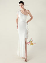 Mermaid One Shoulder Sequins Split Beading Prom Dress