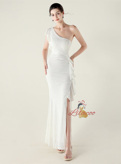 Mermaid One Shoulder Sequins Split Beading Prom Dress