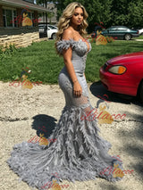 Gray Mermaid Off the Shoulder Feather Prom Dress