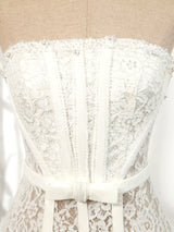 White Lace Strapless Pearls Homecoming Dress